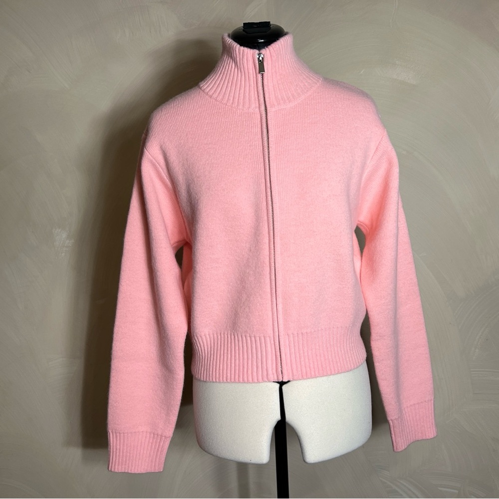 English Factory AVARA Womens Brighton Pink Zip Up Crop L/S Feminine Sweater|Sz:S